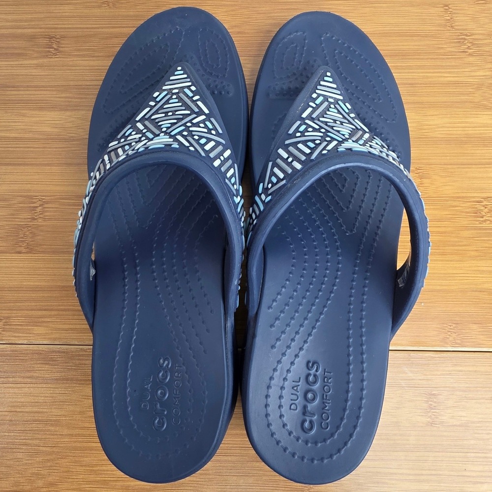 Crocs Monterey Beaded Wedge Flip Flops Navy Blue Women Size 9 Sandals - Picture 8 of 11